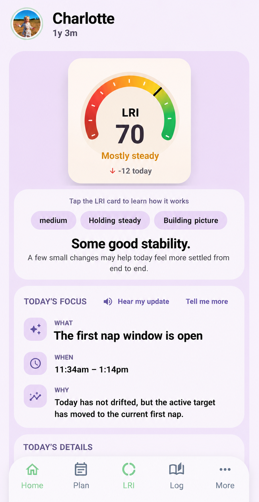 Little Dreams LRI screen showing sleep stability and today's focus